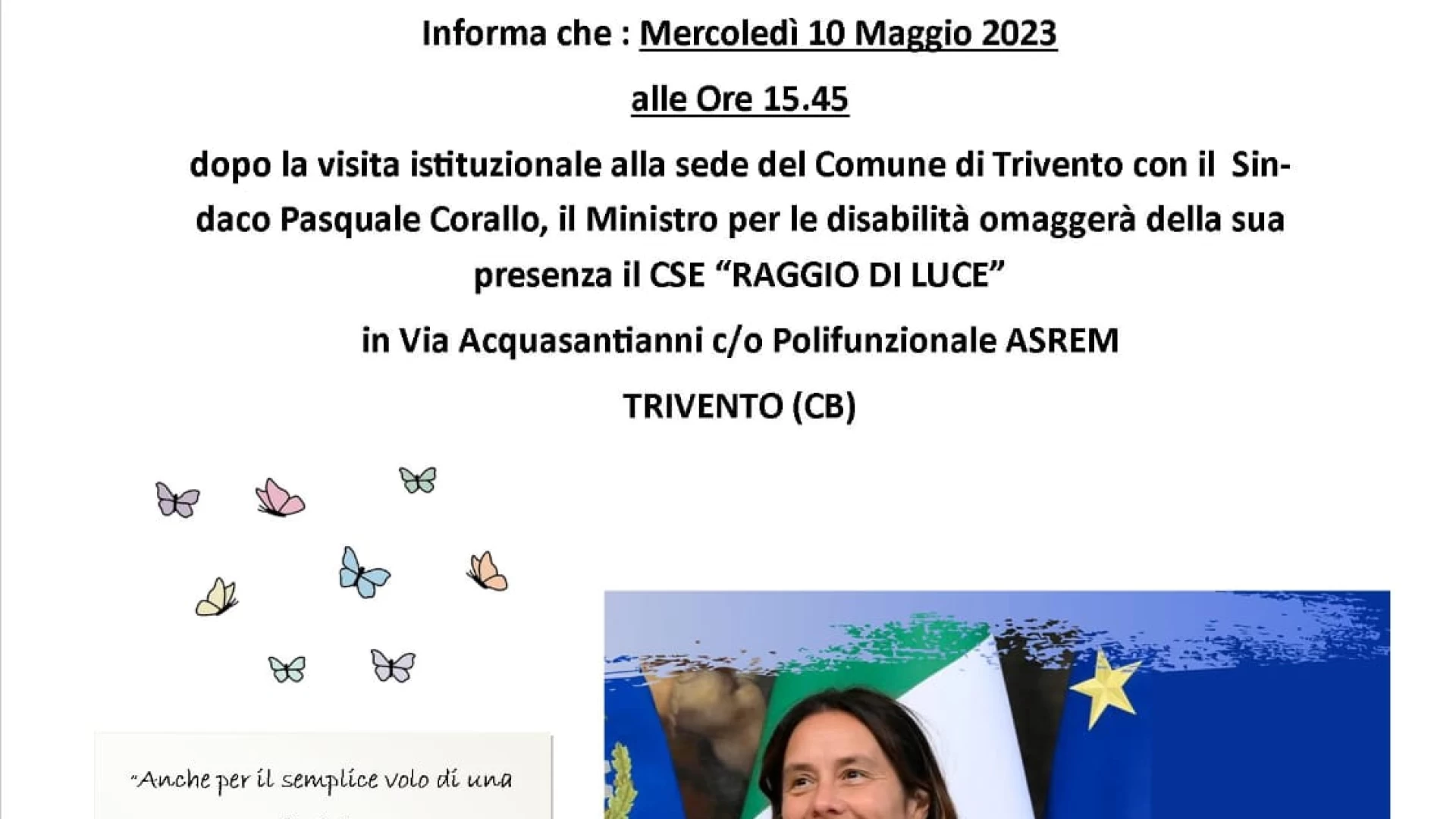 Trivento: il Ministro per le disabilità Alessandra Locatelli farà visita all'Organizzazione di Volontariato "Cielo e Terra"